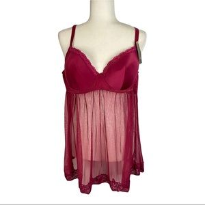 NWT Inteco Intimates Burgundy Full Underwire Bra & Lace Trimmed Mesh Chemise 2X